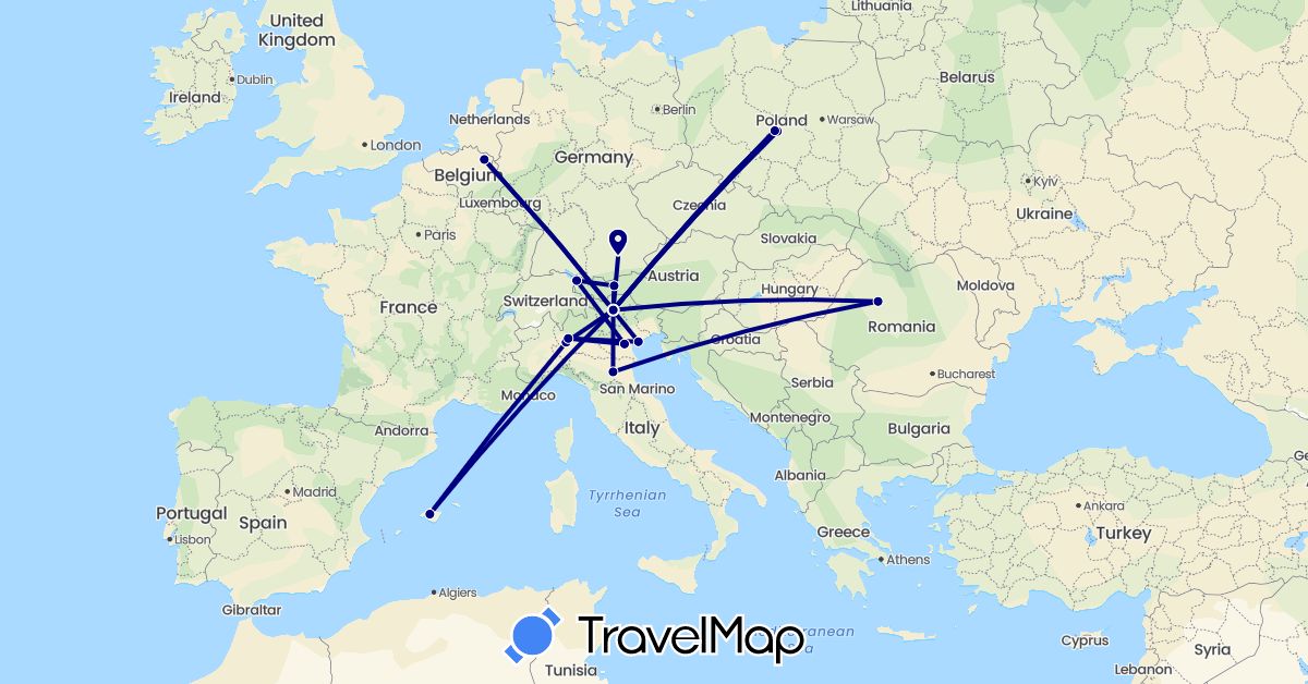 TravelMap itinerary: driving in Austria, Belgium, Germany, Spain, Italy, Poland, Romania (Europe)